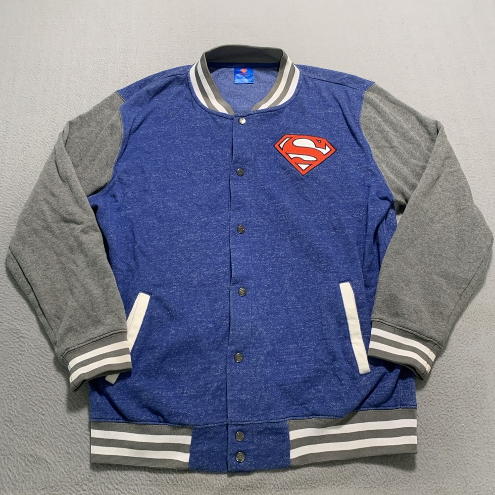 DC Comics Superman Varsity Letterman Jacket Mens Large L Blue Gray Snap Fleece